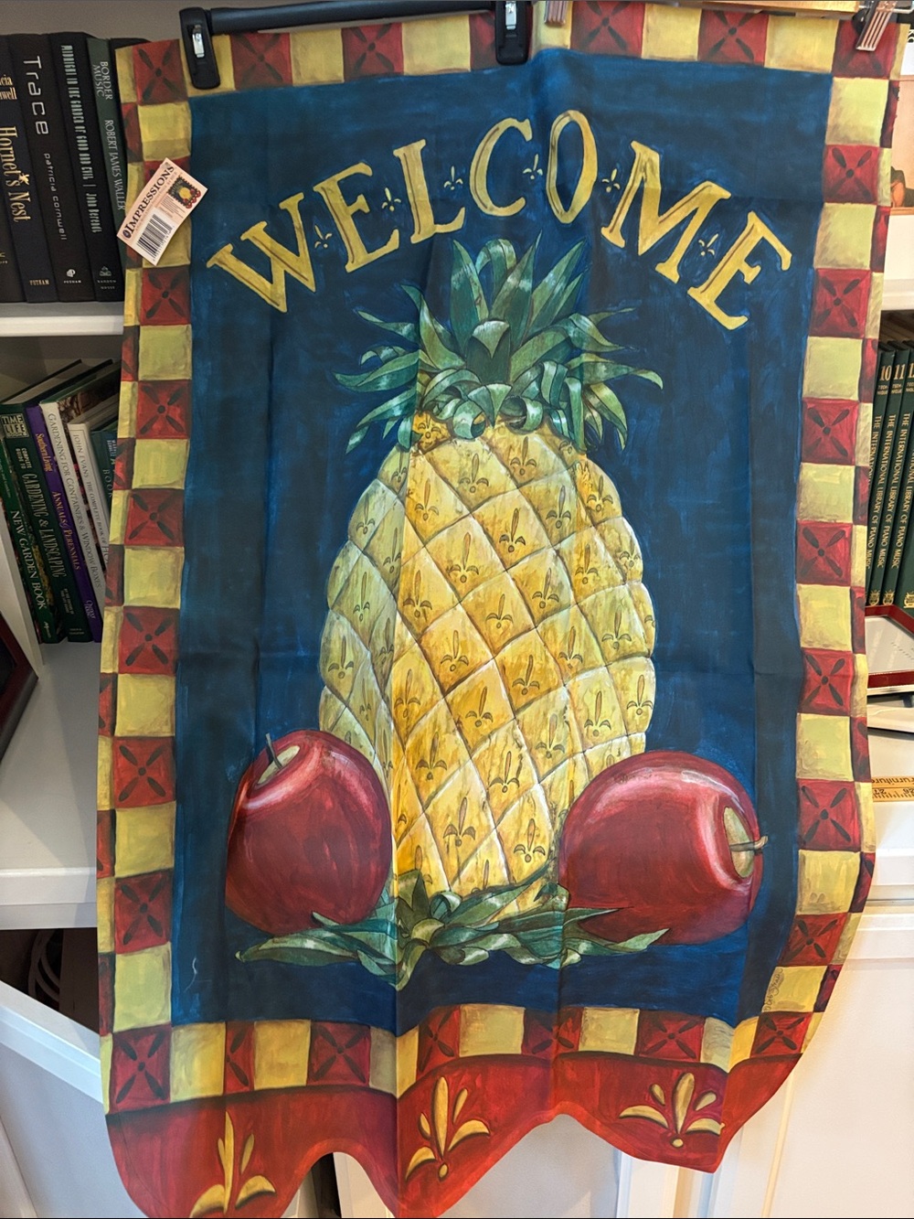 Welcome Pineapple & Apples Flag - Yellow, Red, Blue.  Approx 27.5in x 39 in long